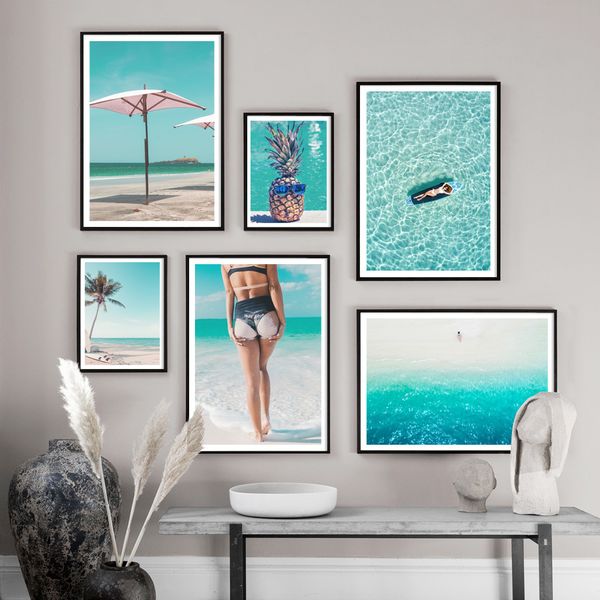 

beach girl sunbathing coconut tree sea wall art canvas painting nordic posters and prints wall pictures for living room decor