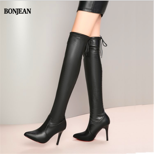 

boots bonjean leather women's fall/winter 2021 thin heel pointy over-the-knee lace-up elastic, Black