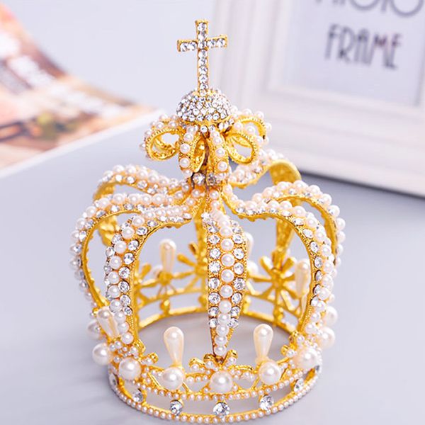 

new tall royal wedding tiara bridal pageant beauty pearl crown tiaras contest rhinestone tiara rose gold color full crown t-042 y200727, White;golden