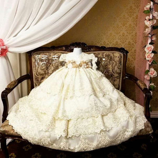 

2021 luxury 3d hand made flower first communion dresses jewel neck lace baptism dresses with bonnet for baby kids wear, White