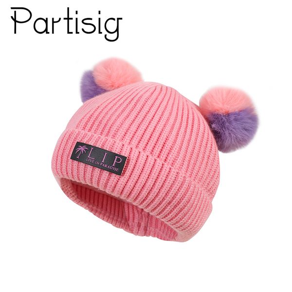 

baby girls hat crochet double pompom hat for baby girls warm velvet inside children caps faux fur kids cap, Slivery;white