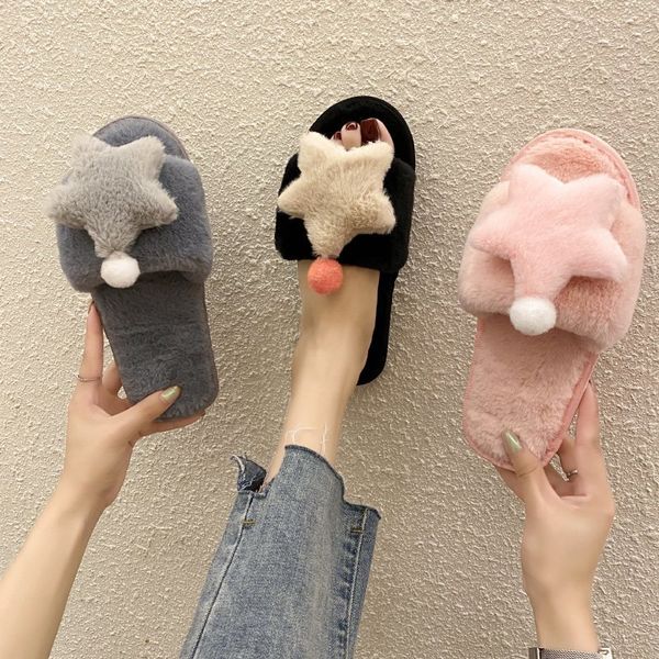 

2020 new winter home slippers women warm cotton lovely big star fabric slipper indoor mute non-slip flat women shoes fur slides, Black