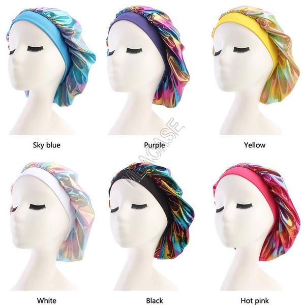 

laser caps muslim women sleeping bonnet turban hat designer wide stretch silk satin headwrap bandana bonnet skull cap chemo hats d82702, Yellow