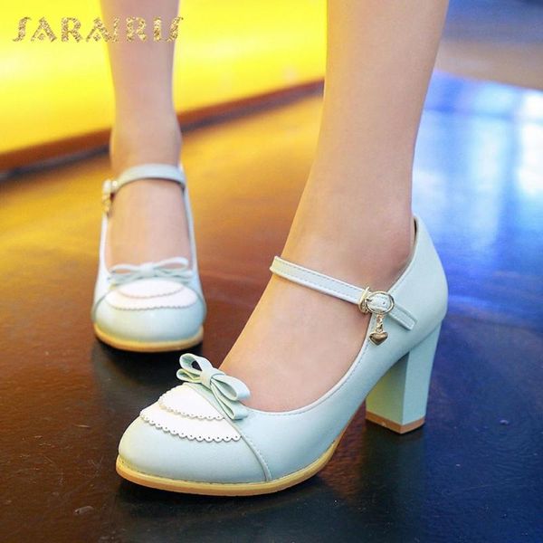 

dress shoes sarairis 2021 design plus size 45 chunky high heels sweet bowtie woman pumps buckle strap platform mary janes, Black