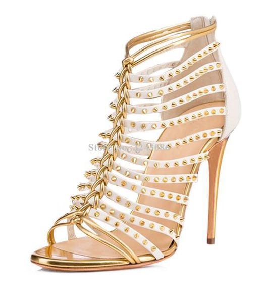 

women new rivets sandals shoes gold color straps hollow out stiletto heel dress sandals fashion design spikes banquet shoes, Black