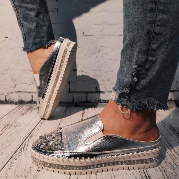 

fashion womens flats heel crystal rhinestone slip on platform loafers slippers sandals flip flops beach sandals ladies slipper, Black