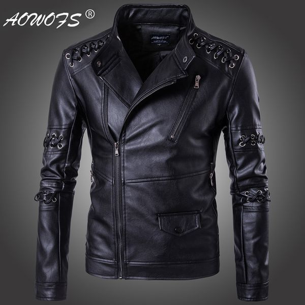 

m-5xl fashion ouma 2020 new personality woven rope stand-up collar men's motorcycle leather jacket d099, Black