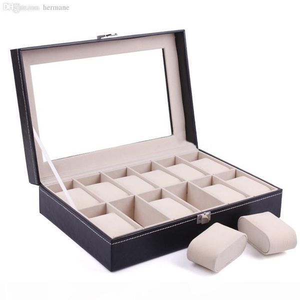 

wholesale-12 grid leather watches box jewelry display collection storage case watch organizer box holder accessories caixa relogio, Black;blue