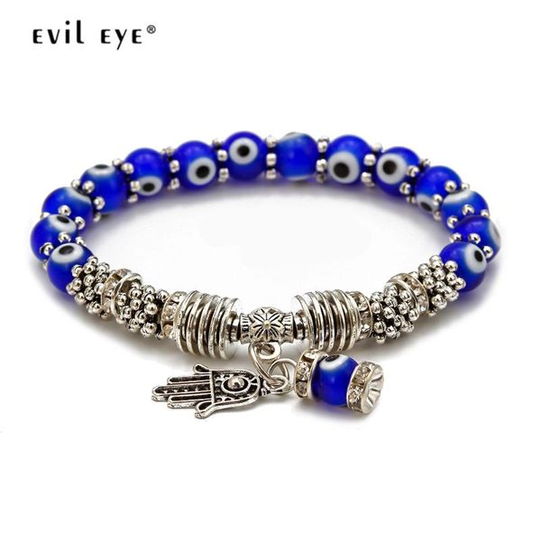 

evil eye glass beads hamsa hand heart bracelet silver color alloy charm bracelet adjustable jewelry for women femme men ey6643, Red;blue