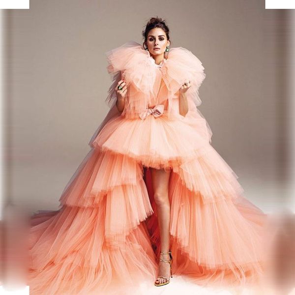 Chic High Low Tulle Prom Dresses Ruffles Tiered Long Ball Gorn Abito da sera maniche corte Vestidos De Pageant Gowns