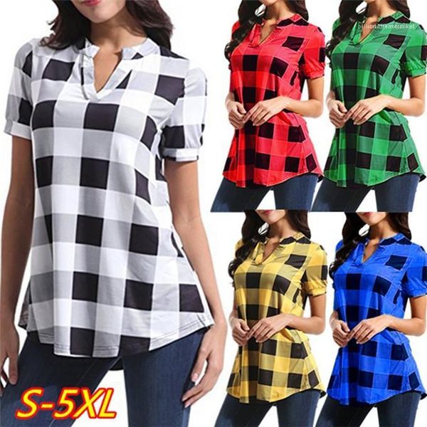 

summer loose short sleeve contrast color long plaid printed v neck womens shirts, White
