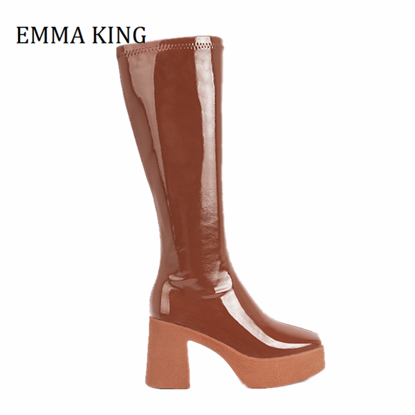 

women punk motorcycle boots women platform high heels long boots square block chunky heels platform knee high 2020, Black