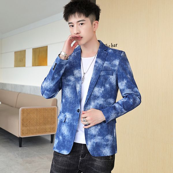 

2020 men's autumn printing casual blazer youth slim new style denim blazer, White;black