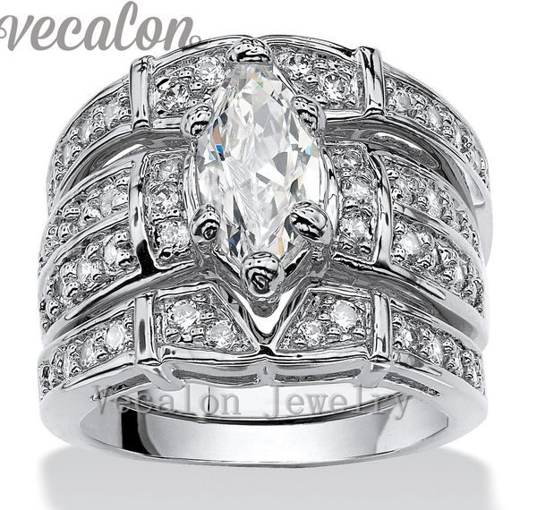 

vecalon vintage engagement wedding band ring set for women marquise cut 3ct cz diamond 14kt white gold filled party finger ring, Slivery;golden