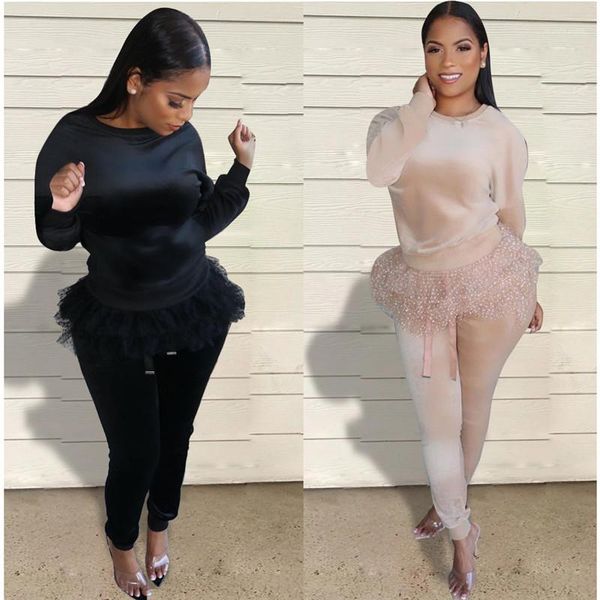 

designer tracksuits fashion lace guaze panelled long sleeve long pants womens 2pcs sets casual females clothing solid color womens, Gray
