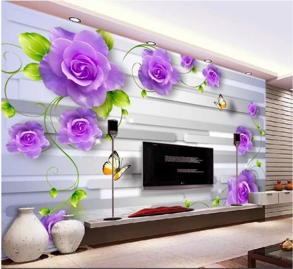 Foto feita sob encomenda papéis de parede mural 3d papel de parede roxo borboleta rosa amor flor reflexo na água parede de fundo romântico e elegante papéis