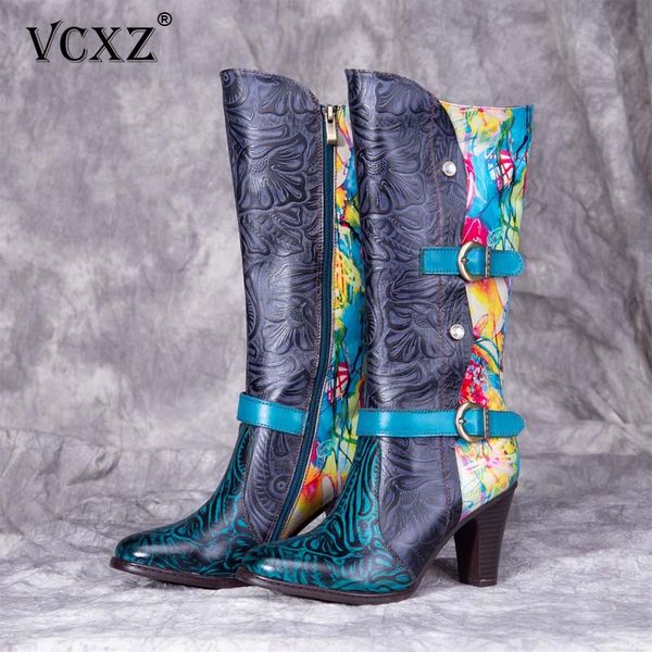 

vcxz 2020new high heel boot genuine leather pointed toe zip women shoes hand-painted ethnic style casual girl boots, Black