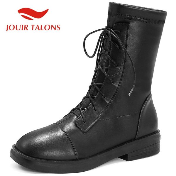 

jouir talons 2020 new fashion women shoes new style mid-calf low heels boots classics cross-tied round toe shoes, Black