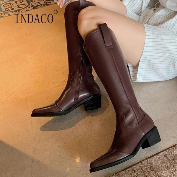 

boots women leather warm knee high boots pointed toe white thigh high thick heels side zipper long botas feminina, Black