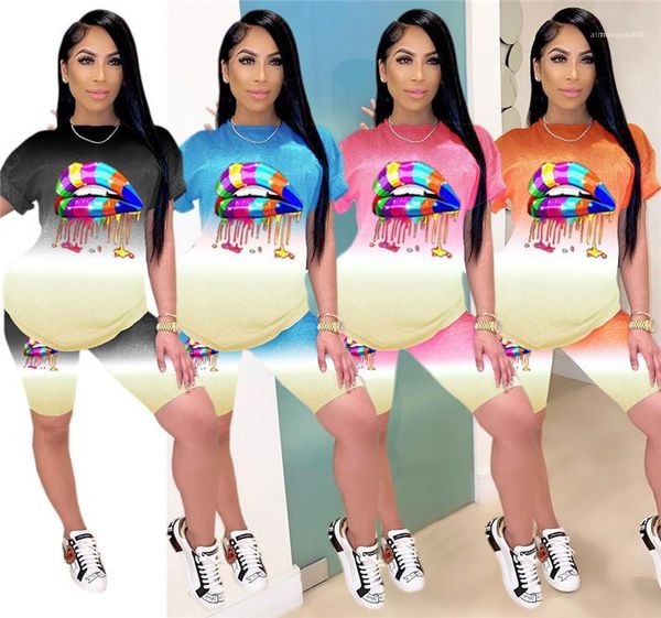 

short sleeve two piece jogger set ladies casual colorful lip print female tracksuit womens fashion gradient color tracksuits, Gray