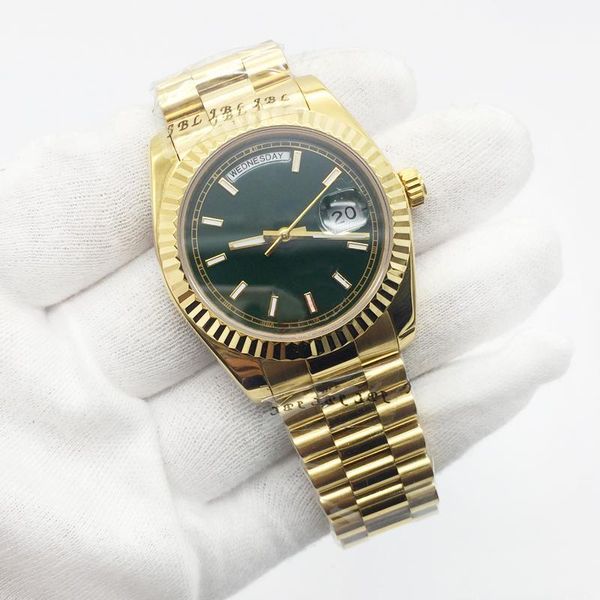 

2019 mens watch 36mm day date president 18k gold stainless steel green dial sapphire glass automatic movement watch men ship, Slivery;brown
