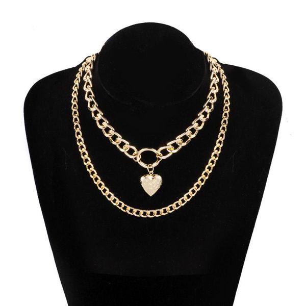 

chokers 2021 punk metal heart choker necklace for women big thick chain round hollow multilayer pendant long necklaces jewelry, Golden;silver