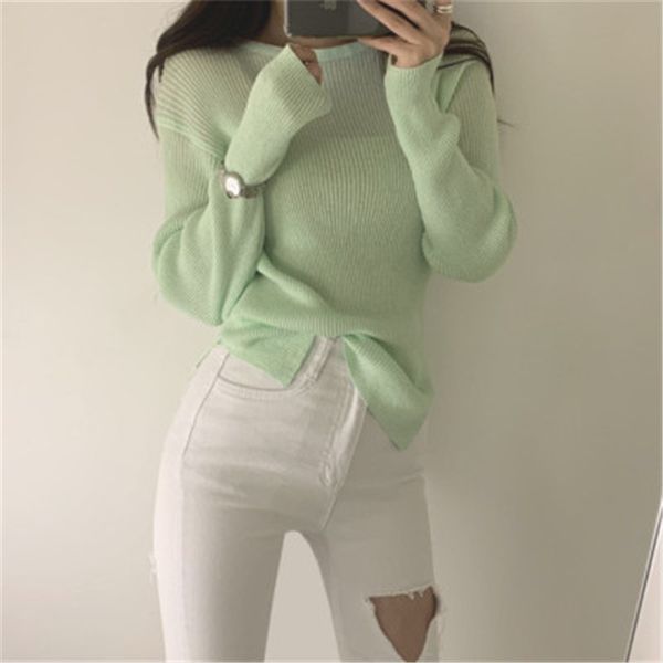 

2020 new arrivals korean elastic vertical stripes jumper wool o-neck long-sleeeved knitted casual pullovers, White;black