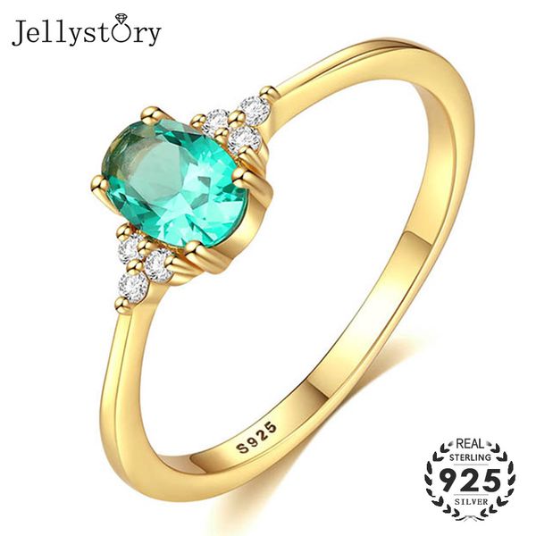

jellystory fashion silver 925 jewelry rings with oval shape emerald zircon gemstone ring for women wedding party gift gold color, Golden;silver