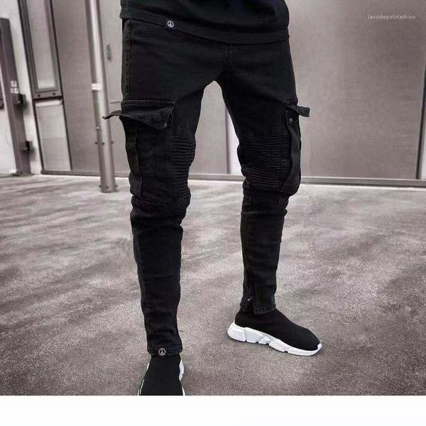 

holes design jean pencil pants pockets hommes pantalones 19ss mens designer jeans 2019 spring black ripped distressed, Blue