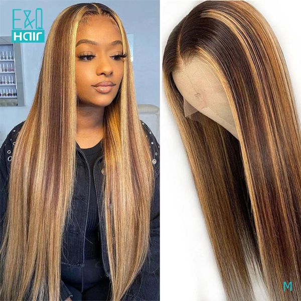 

13x6 фронта шнурка человеческих волос парики прямые highlight honey blonde средняя часть парик шнурка pre щипковых бразильский remy для женщ, Black;brown