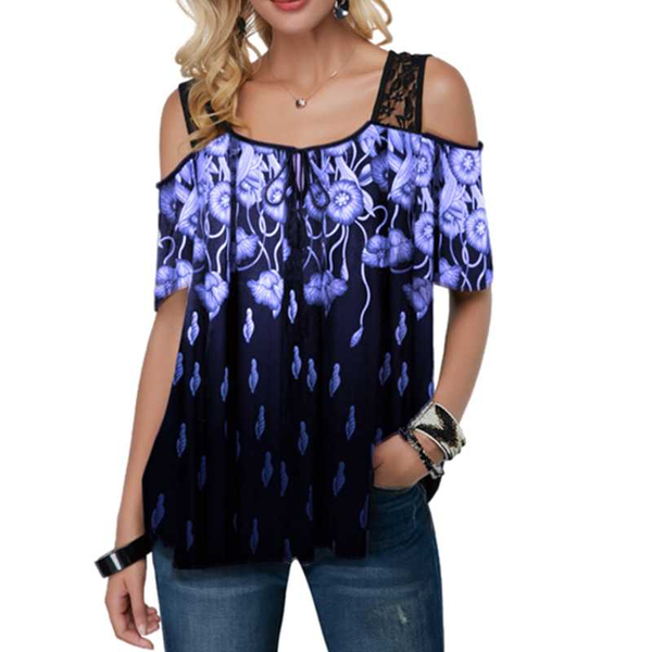 

new casual blouse women flower print boho loose shirt 2020 summer short sleeve lace splice blouse fashion female clothing, White