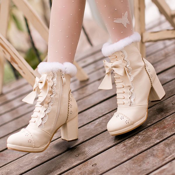 

fashion side zipper platform thick high heel boot plus size 40 lolita shoes woman ankle boots sweet lace bow princess snow boots, Black