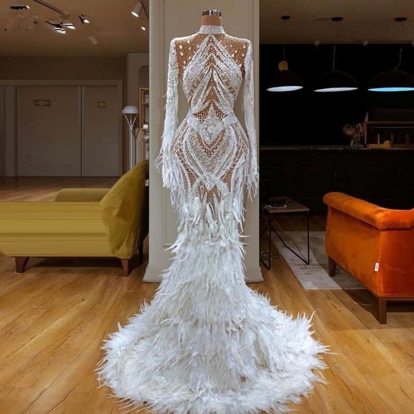 

new gorgeous white feathers prom dress long mermaid abendkleider formal see through evening gown robe de soiree arabic celebrity, Black