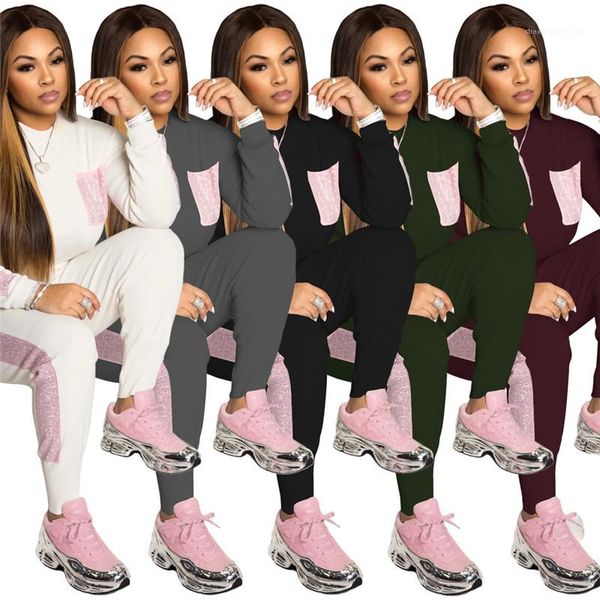 

casual 2 piece pants pockets long sleeve pullover spring fashion womens sportswear sequins panelled designer tracksuits women sports, Gray