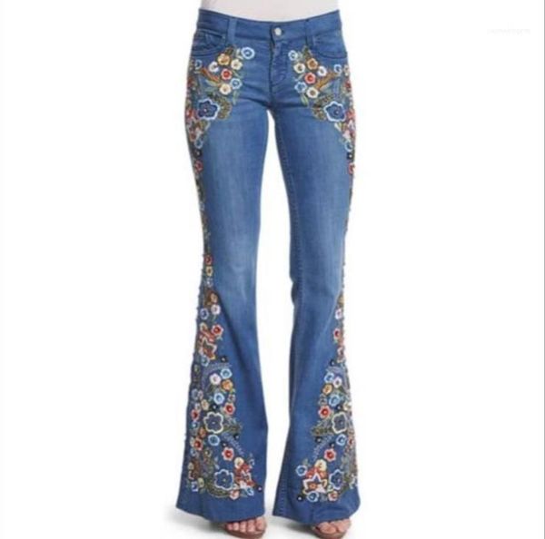 

flower embroidery flare jeans designer mid waist street style demin slim pants females fashion casual trousers womens, Blue