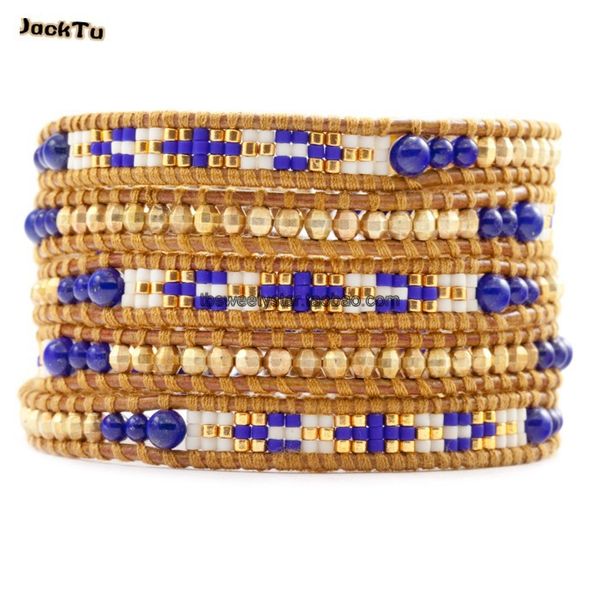 

gold laser seed beads lazurite leather wrap bracelet for woman, Golden;silver