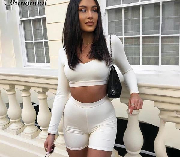 

simenual solid bodycon women matching set long sleeve fashion casual two piece outfits basic crop and biker shorts sets 2020 t200718, Gray