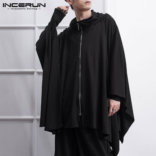 

incerun loose black winter long sleeve zipper outerwear streetwear fashion irregular cape coat men casual hooded cloak coat 5xl7, Tan;black