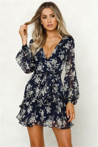 

casual dresses v neck ruffle panelled womens designer asymmetrical dresses casual females clothing floral print womens, Black;gray