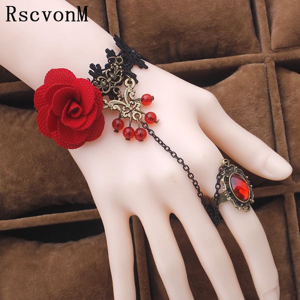 

lace bracelet fashion jewelry red rose flower temperament of crystal lace bracelet with ring one opisthenar jewelry, Black