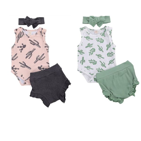 

3pcs newborn infant baby girl outfit set cactus sleeveless romper+solid color ruffle triangle pants+bow hairband, White