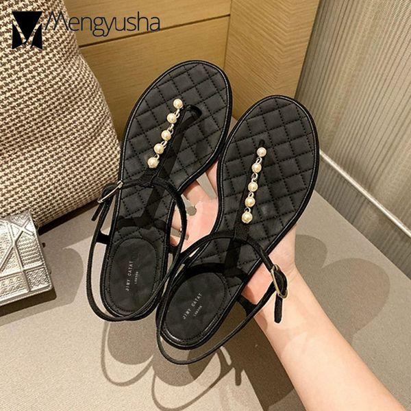 

pearl sandals women flat heel plaid padded bottom gladiator sandalias mujer roman t-strap jandal beach sandales, Black