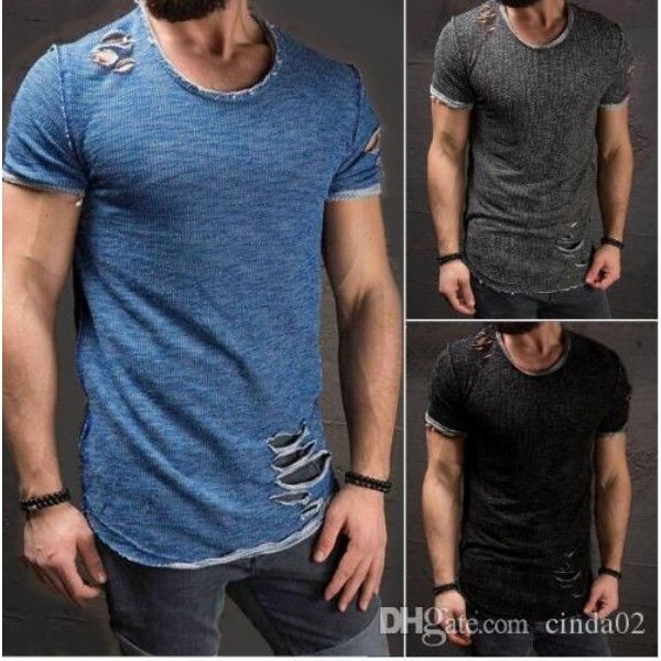 

ripped men slim fit muscle o-neck distressed tee hole new shirt casual short sleeve frayed t-shirts plus size 4xl, White;black