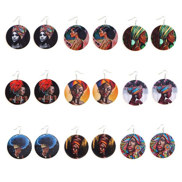 

fashion women round wood earrings printed african female head afro wooden earring dangle pendant ear hook hoop ear drop jewelry gift, Silver
