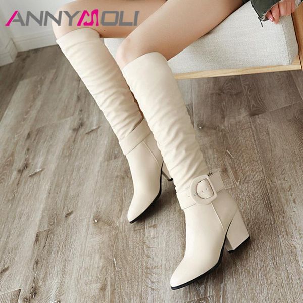 

annymoli winter knee high boots women buckle square high heels long boots pleated pointed toe shoes lady autumn large size 3-12, Black