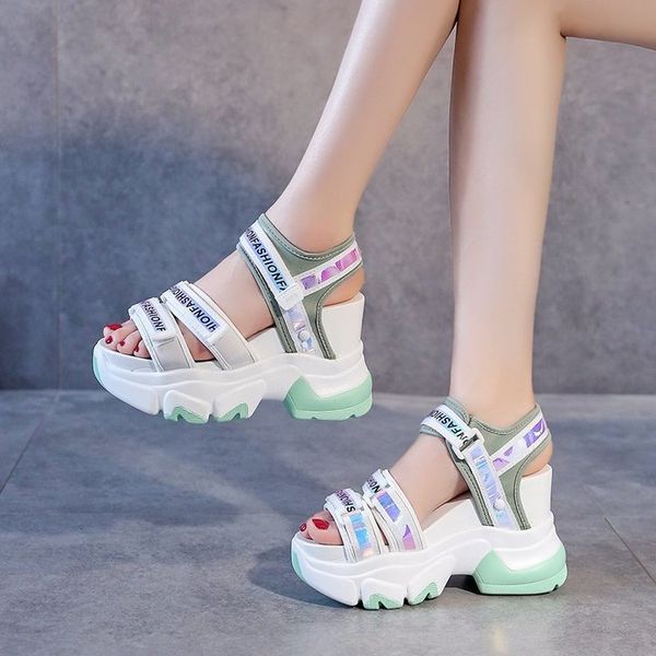 

10cm/3.9" height wedge sandals chunky shoes woman fashion summer women shoes thick bottom, Black