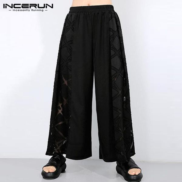 

men's pants 2021 men wide leg elastic waist loose fashion lace patchwork trousers solid color baggy dance streetwear incerun, Black