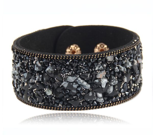 

women wide leather bangle cuff jewelry crystal small stone with magnet clasp bracelets for girl gifts yn, Black
