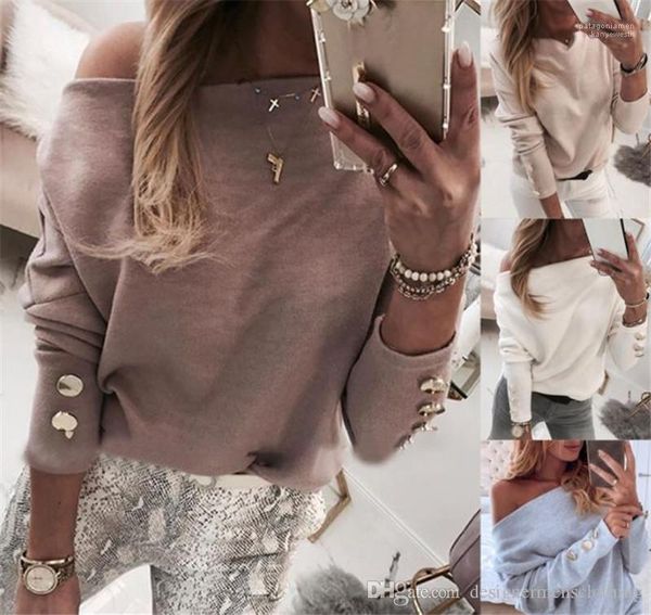 

off shoulder ladies tshirts autumn loose women tees with button batwing sleeve women solid color, White