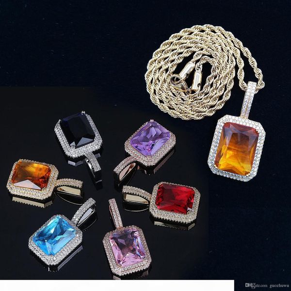 

new personalized gold white gold bling colorful diamond mens womens big rectangle pendant necklace hip hop rapper jewelry for men women, Silver